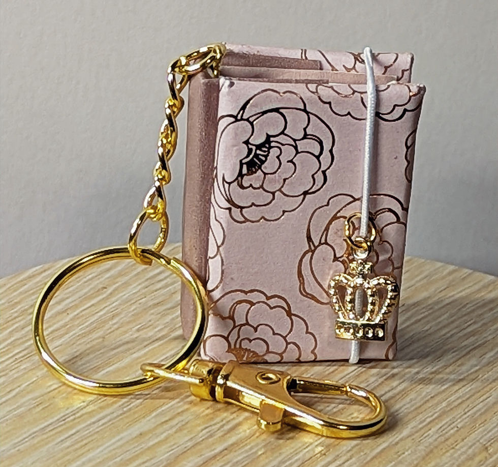 Floral tiny blank journal keychain with crown charm and gold hardware, 1.5 x 1 inch mini notebook