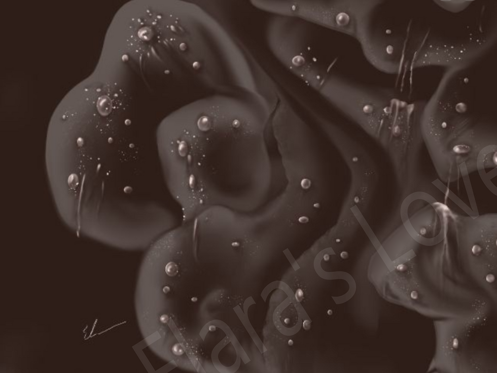 Close-up of Lost Silence, a dark brown abstract painting with soft organic forms, floating droplets, and a diagonal Elara’s