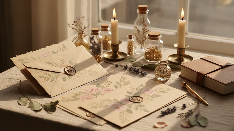 Eye-level view of artisan stationery set with elegant designs