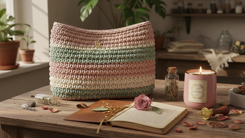 Eye-level view of a crocheted handbag resting on a wooden table beside a journal and candle