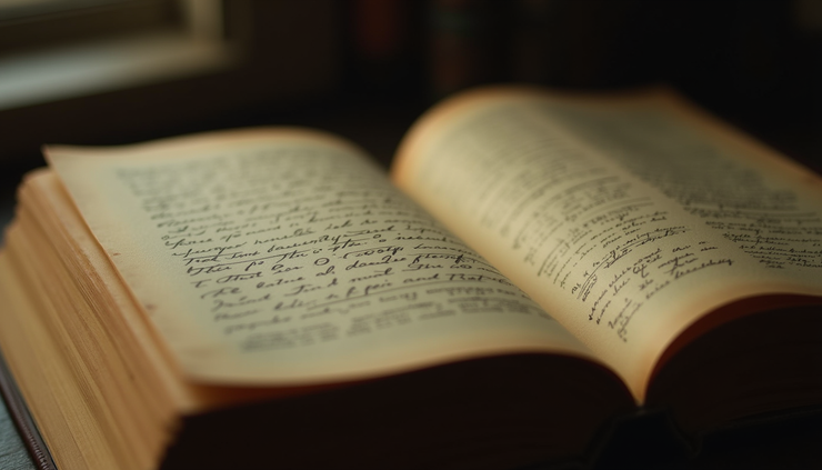 Eye-level view of an old, weathered journal lying open on a wooden table, its pages yellowed with age