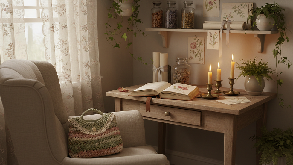 Eye-level view of a cozy writing nook with a journal, candles, and crochet handbag