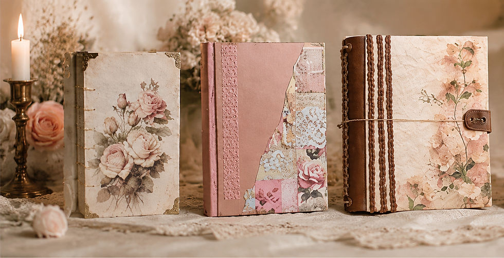 Close-up view of a hand-bound journal with textured cover