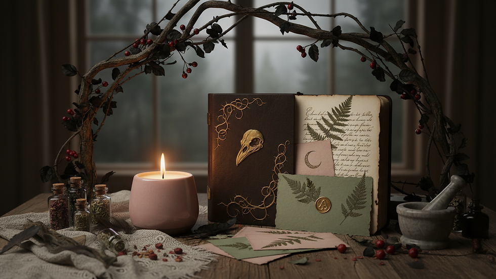 Eye-level view of a hand-poured candle beside a leather-bound journal on a wooden table