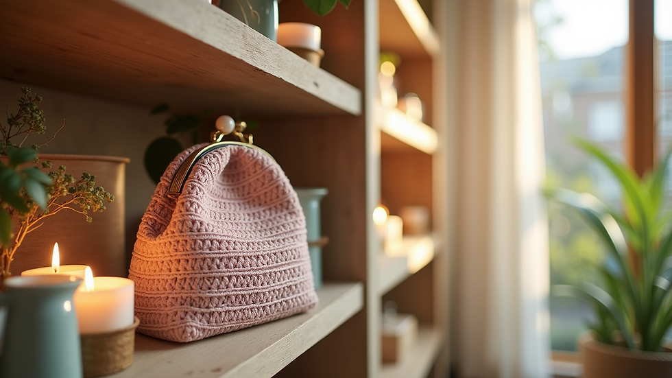 Eye-level view of a crochet handbag resting on a wooden shelf with soft natural light
