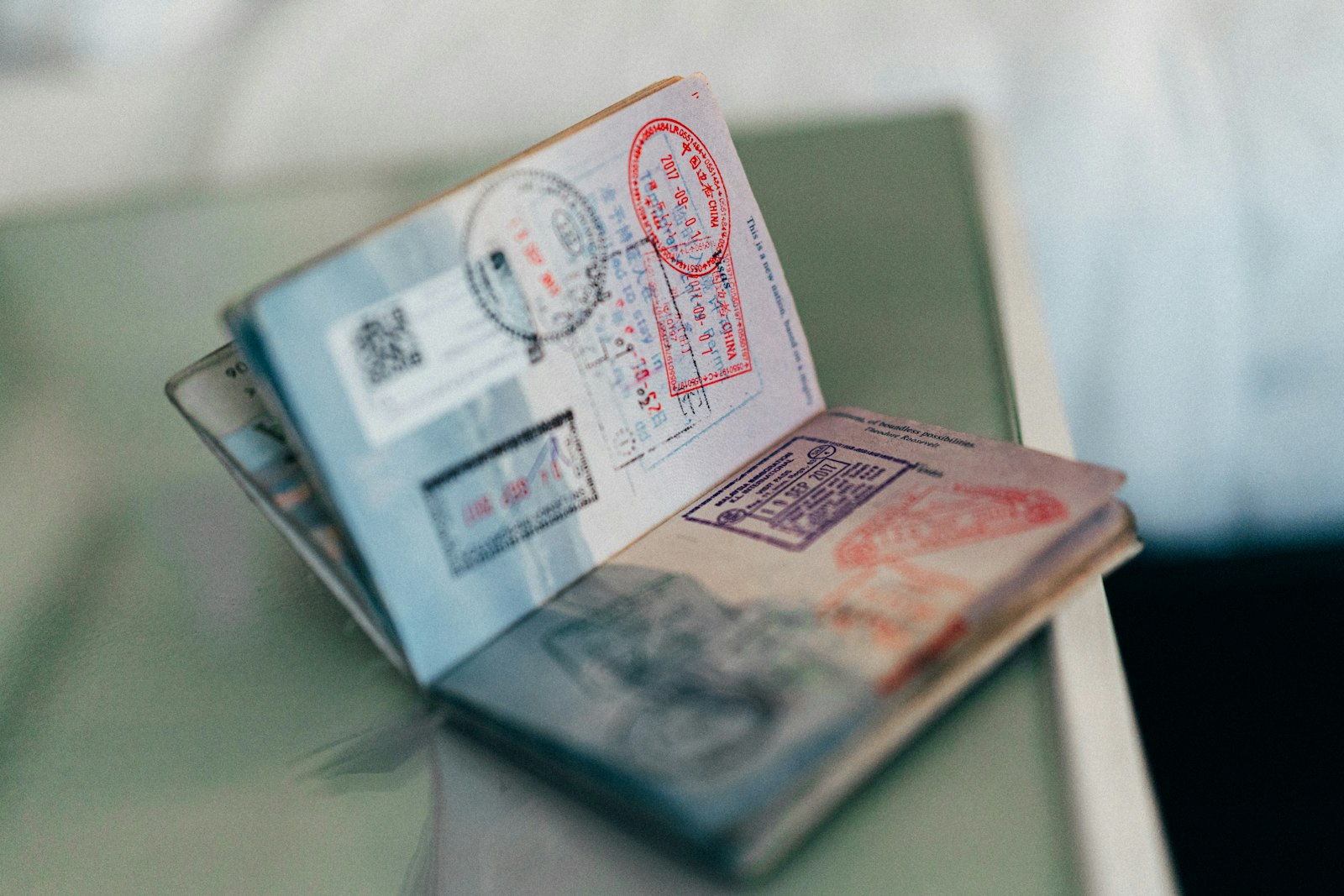 Open passport with colourful visa stamps