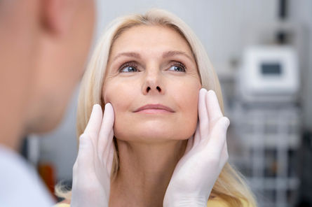 Doctor examining mature woman's face