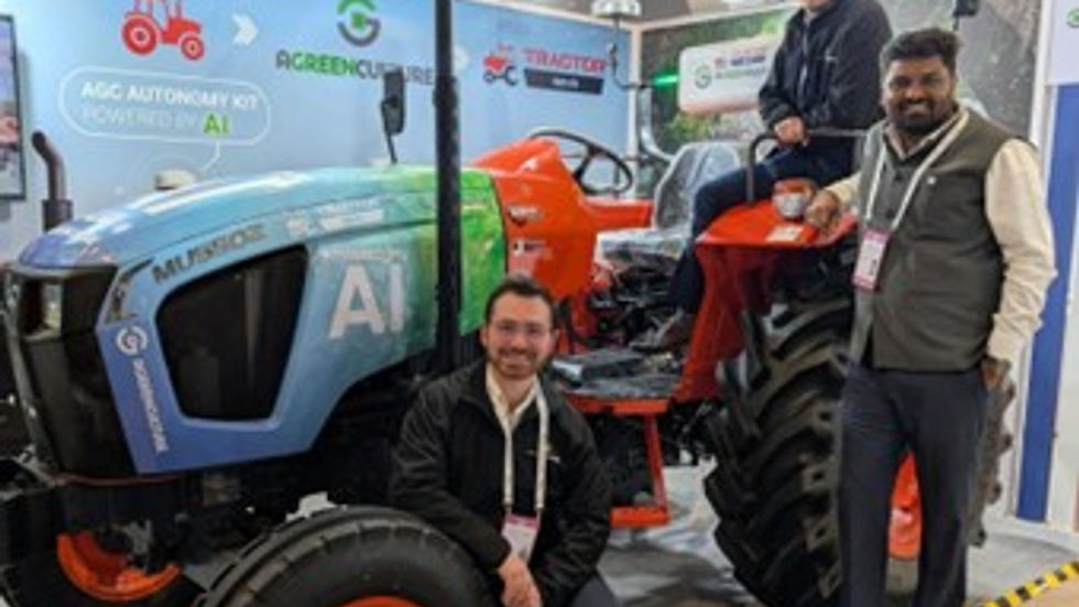 Agreenculture at IA Impact Summit 2026 in New Delhi India with Tractor Seva on French Pavilion and an autonomous MU5502 Kubota tractor powered by AI