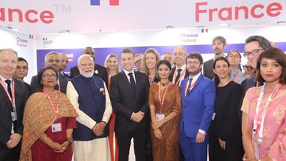 French President Emmanuel Macron with Indian Prime Minister Modi at 2026 AI Impact Summit in New Delhi inaugurating the French Pavilion with tech companies like Agreenculture and opening 2026 India-France Year of Innovation