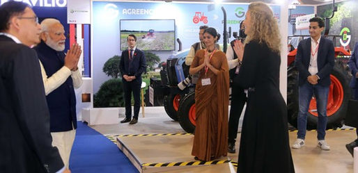 Indian Prime Minister Modi arriving at the 2026 IA Impact Summit on French Pavilion with Agreenculture