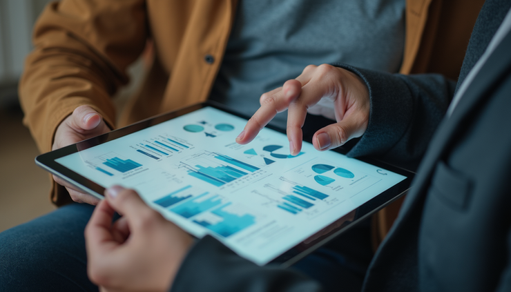 High angle view of a person reviewing AI-generated business reports on a tablet