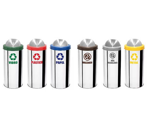 LIXEIRAS PARA COLETA SELETIVA C/ TAMPA BASCULANTE EM AÇO INOX E ARO COLORIDO