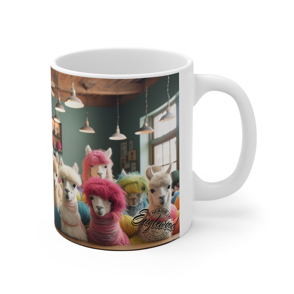 Thumbnail: Copy of Herd of Alpaca at a coffee house with balls of yarn. 