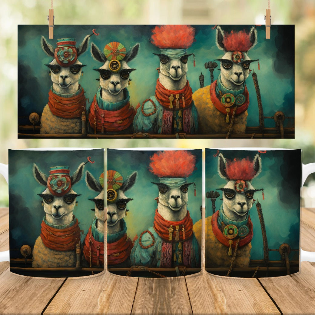 Group of lady alpacas in lovely outfits with long lashes