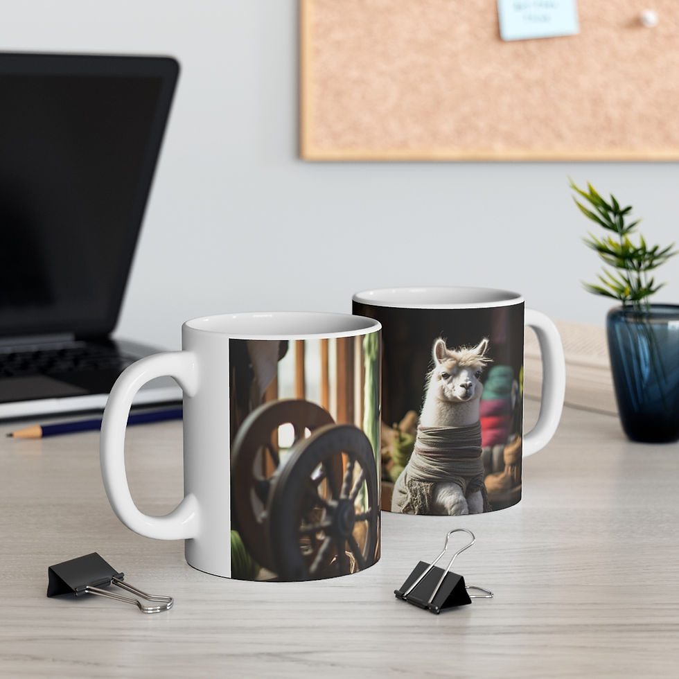 An alpaca with a spinning wheel and yarns