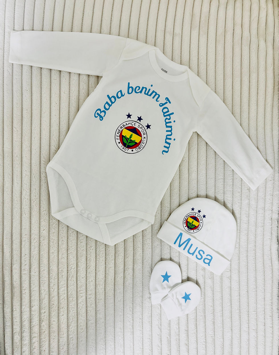 Thumbnail: Langarm Fenerbahce Babybody, Babymütze und Babyhandschuhe Personalisiert