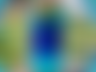 Blue drink with colorful toppings in a cup labeled "Joffrey's," set against a blurred green landscape. Bubbles frame the image.