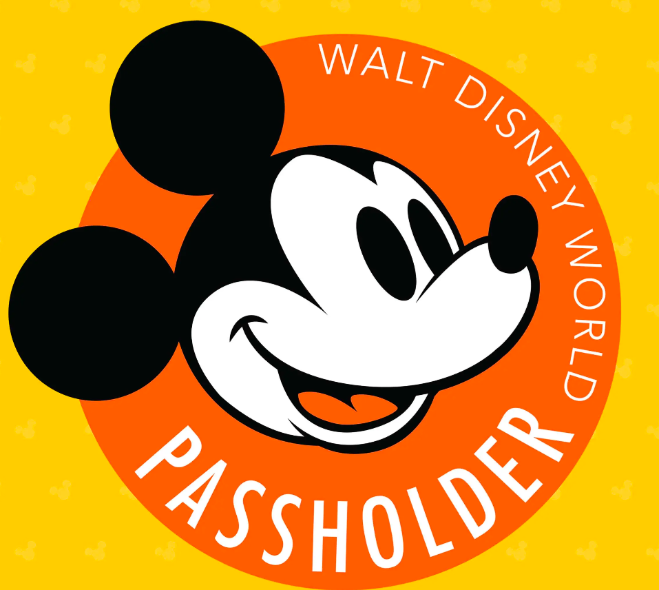 Mickey Mouse face in an orange circle with text "Walt Disney World Passholder" on a yellow background with small Mickey icons.
