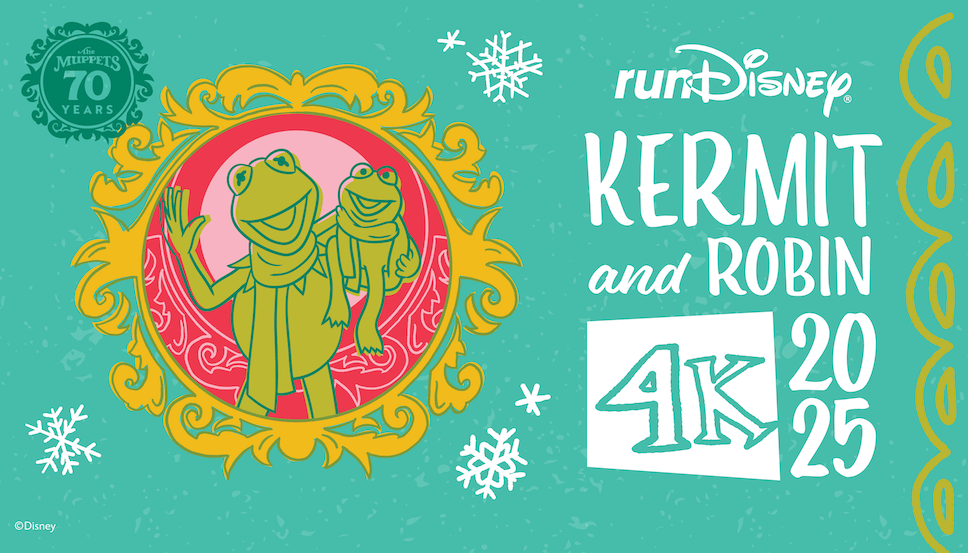 Kermit and Robin, wearing scarves, wave in a decorative frame. Snowflakes on a teal background. Text: "runDisney Kermit and Robin 4K 2025".
