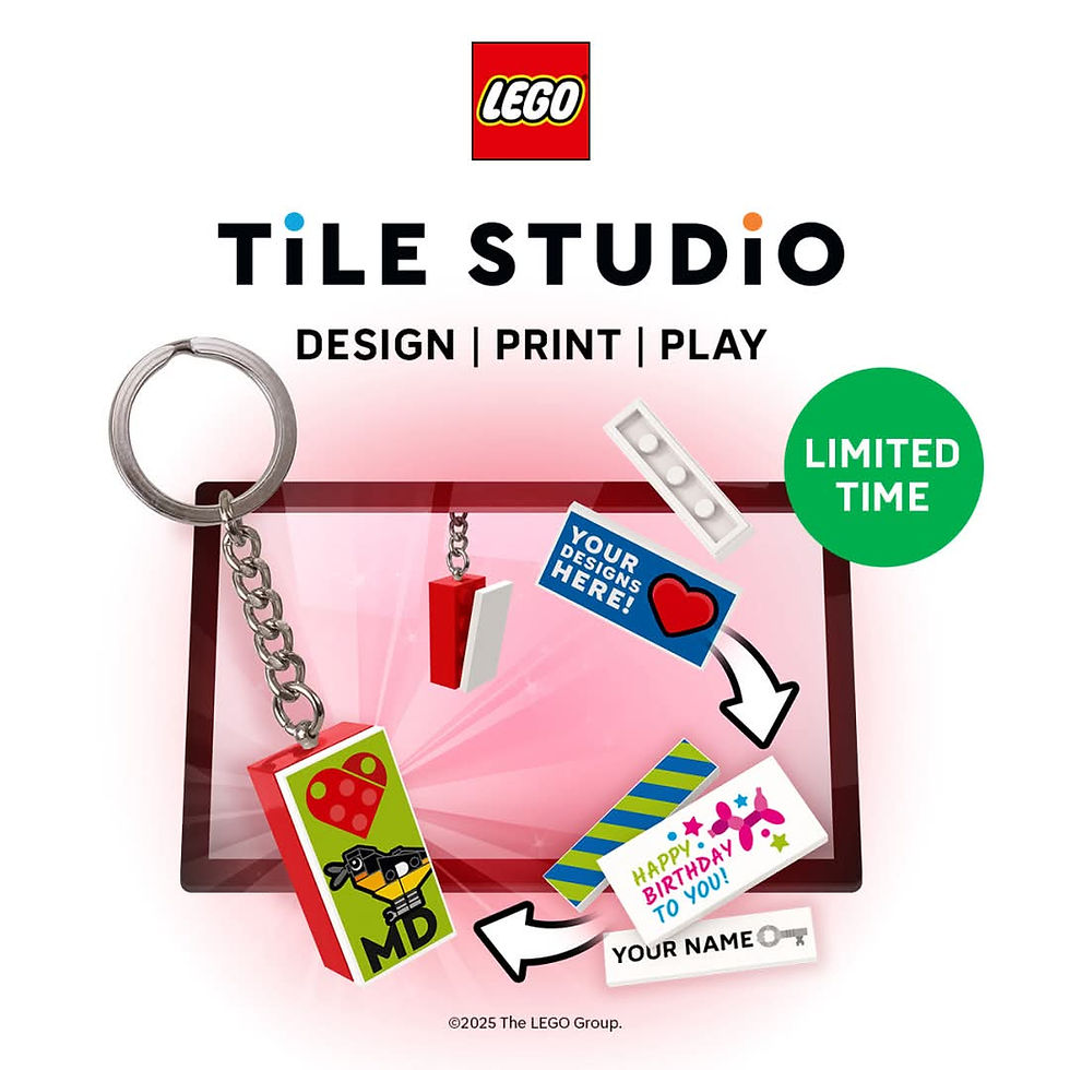 LEGO Tile Studio promo image with keychain, custom design tiles, and "Design | Print | Play" text. Bright colors, "Limited Time" badge.