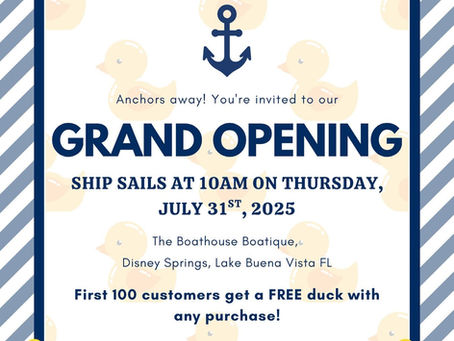 Invitation for The Boathouse grand opening on July 31, 2025, at Disney Springs. Blue stripe design, rubber ducks. Free duck for first 100 customers.