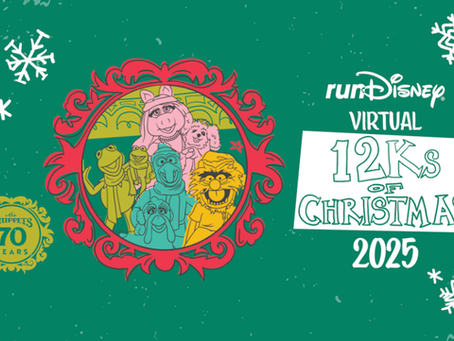 Muppets in festive attire inside a red frame on a green background with snowflakes. Text: runDisney Virtual 12Ks of Christmas 2025.