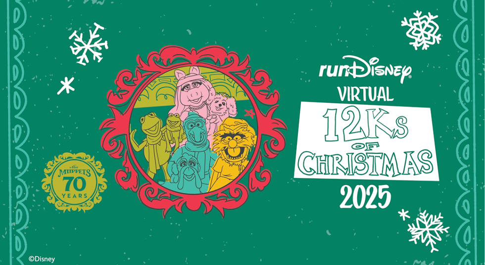 Muppets in festive attire inside a red frame on a green background with snowflakes. Text: runDisney Virtual 12Ks of Christmas 2025.