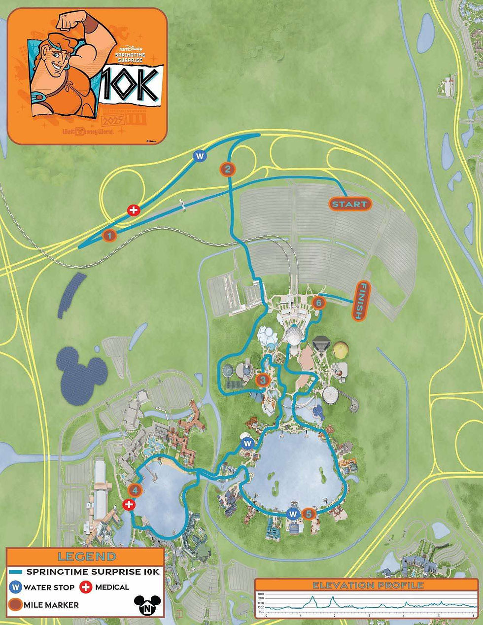 Map of a 10K run at Walt Disney World, showing the route with start/finish points, water stops, medical aid, and mile markers. Hercules-themed graphic.