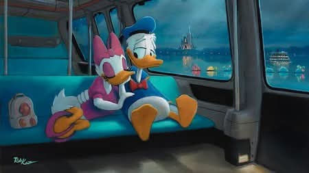 Duck characters sit tiredly on a blue bus seat at night, cityscape outside. One rests on the other. Mood is calm and serene.