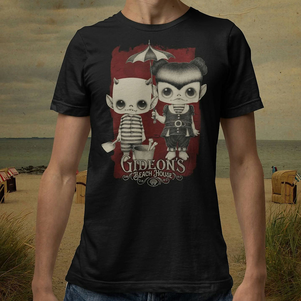 Man wearing a black shirt with cartoon characters holding a shovel and umbrella. "Gideon's Beach House" text. Background shows a sandy beach.