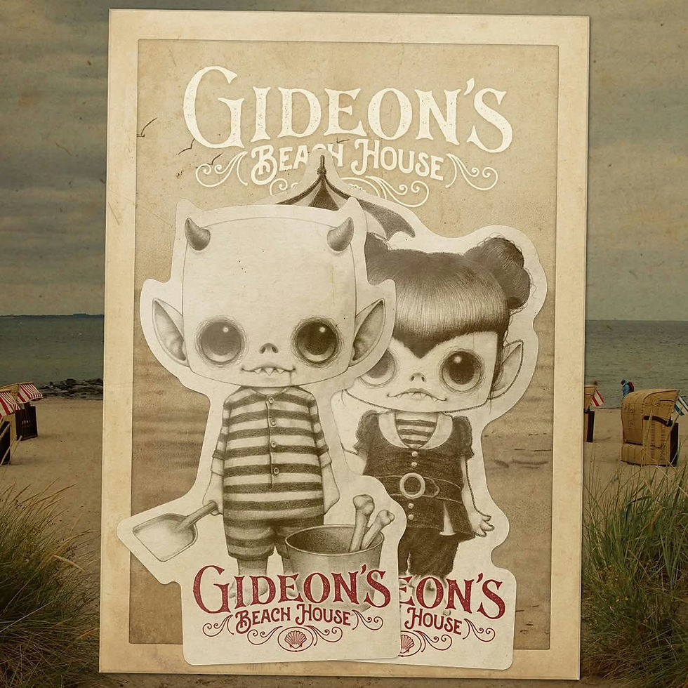 Vintage-style poster with two cartoon characters at a beach, labeled "Gideon's Beach House." The background shows sand and the ocean.