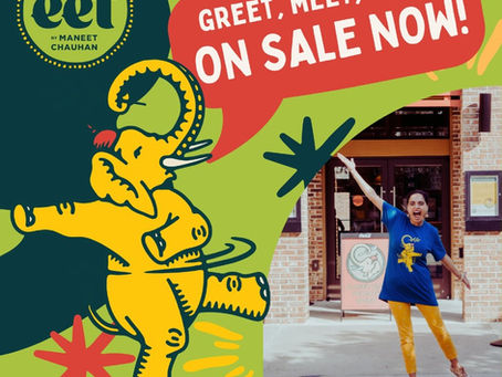 Yellow elephant cartoon on green background, "Greet, Meet, & Eet On Sale Now!" text. Excited person in blue and yellow outfit nearby.
