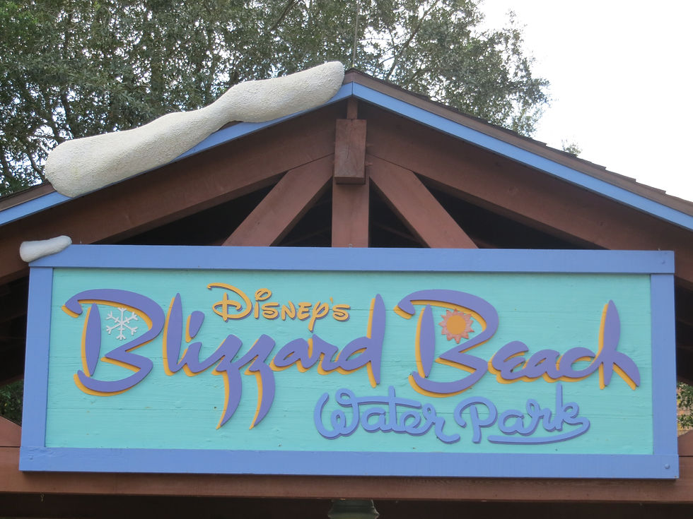 A turquoise wooden sign that states Disney's (yellow) Blizzard Beach (Purple) Water Park (Blue). The sign is edged in blue.