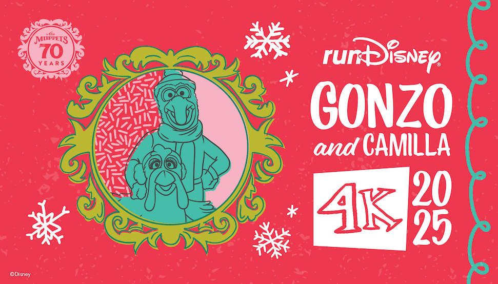 Gonzo and Camilla in a green frame on a red background with snowflakes. Text: "runDisney GONZO and CAMILLA 4K 2025." Muppets 70 Years logo.