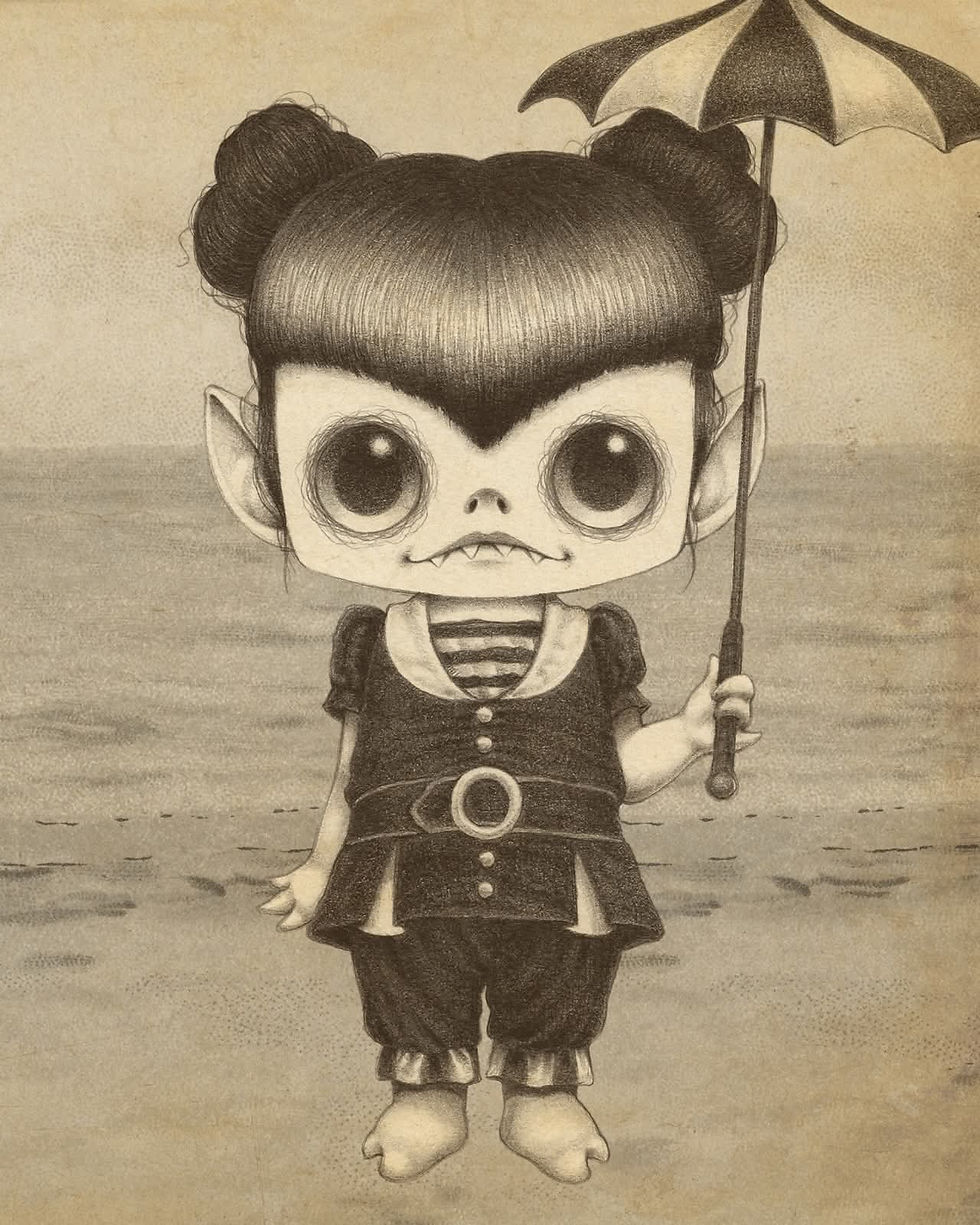 Drawn character with large eyes, fangs, and a striped outfit holds a black umbrella. Stands on a textured background, vintage style.