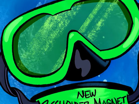 Green scuba mask with a black strap, labeled "New Passholder Magnet Coming Soon," set against a blue watery background.