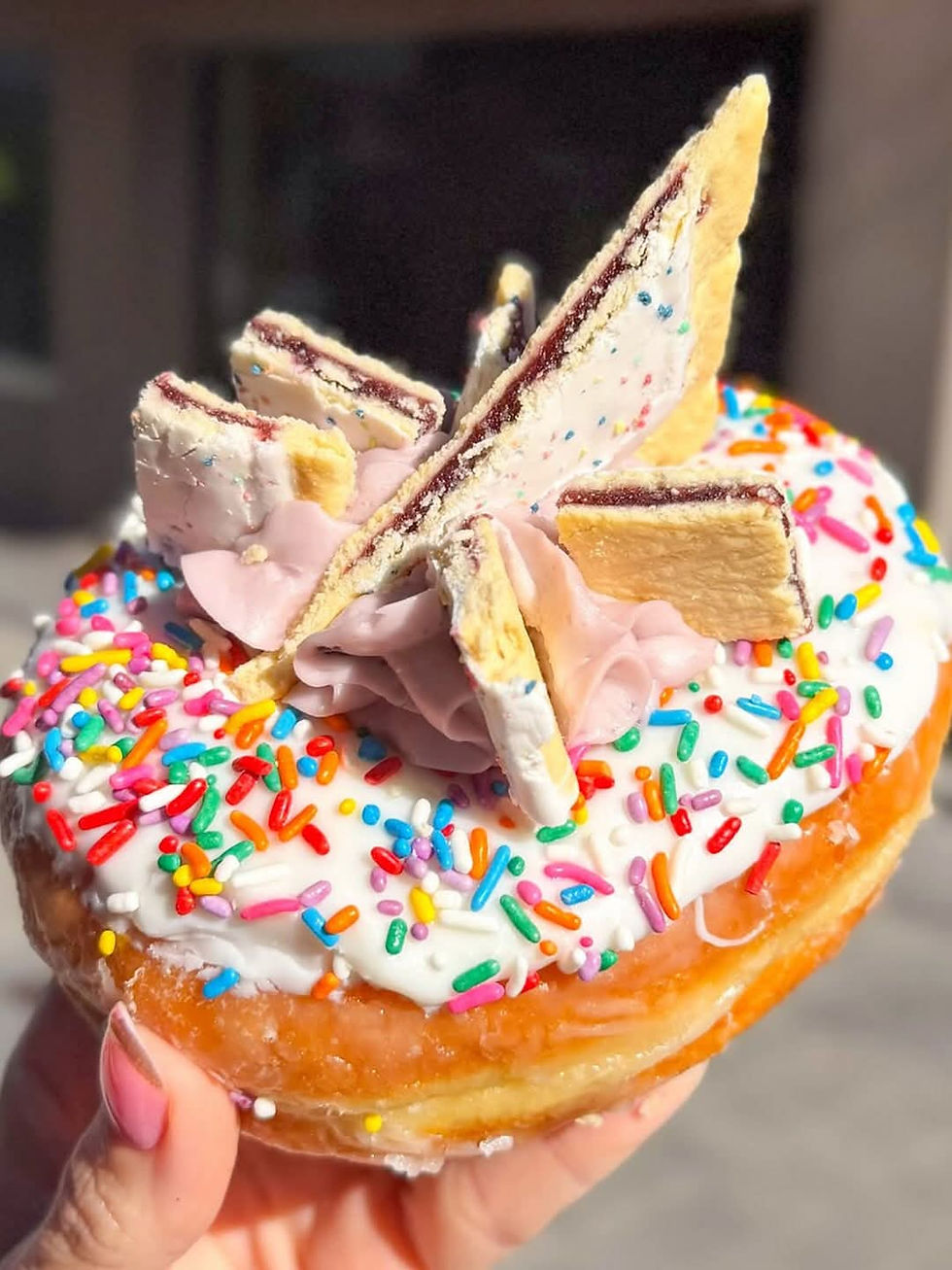 A hand holds a doughnut topped with white frosting, colorful sprinkles, pink swirl, and pieces of a pastry. The background is blurred.