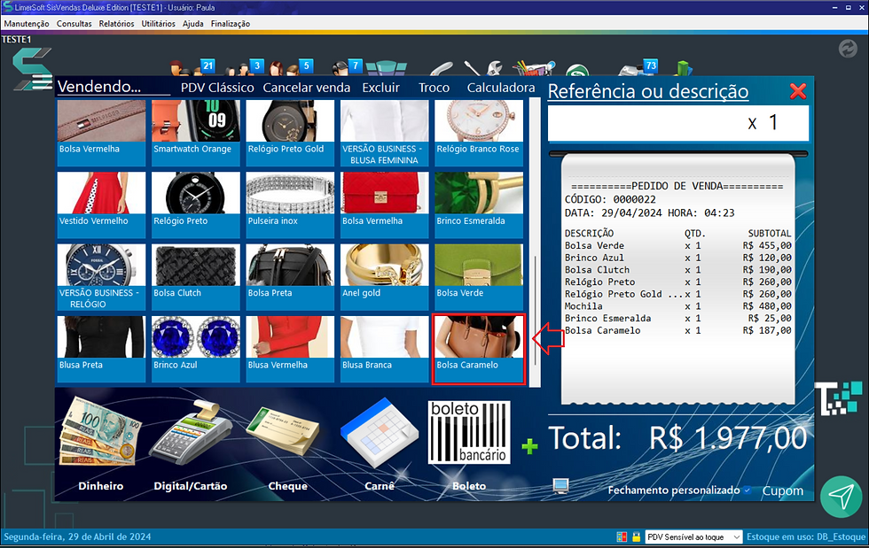 Inserindo o produto clicando do lado esquerdo