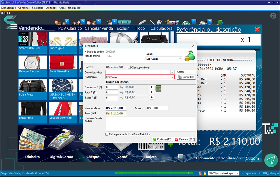 Fechamento com forma de pagamento composta