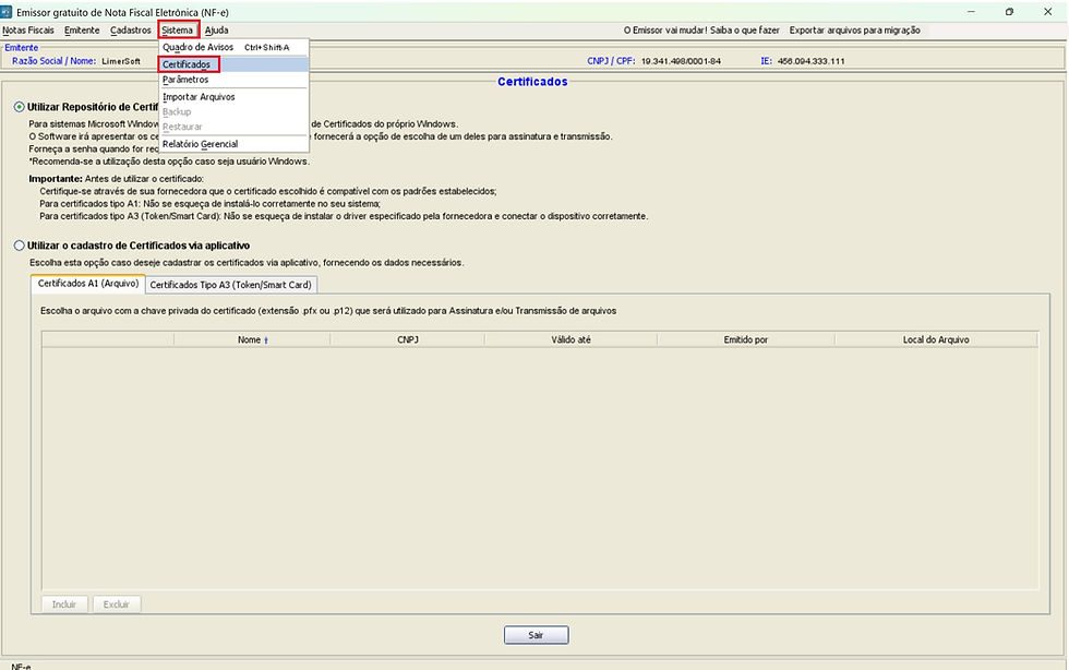 Seleção de certificado digital no emissor antigo da Sebrae