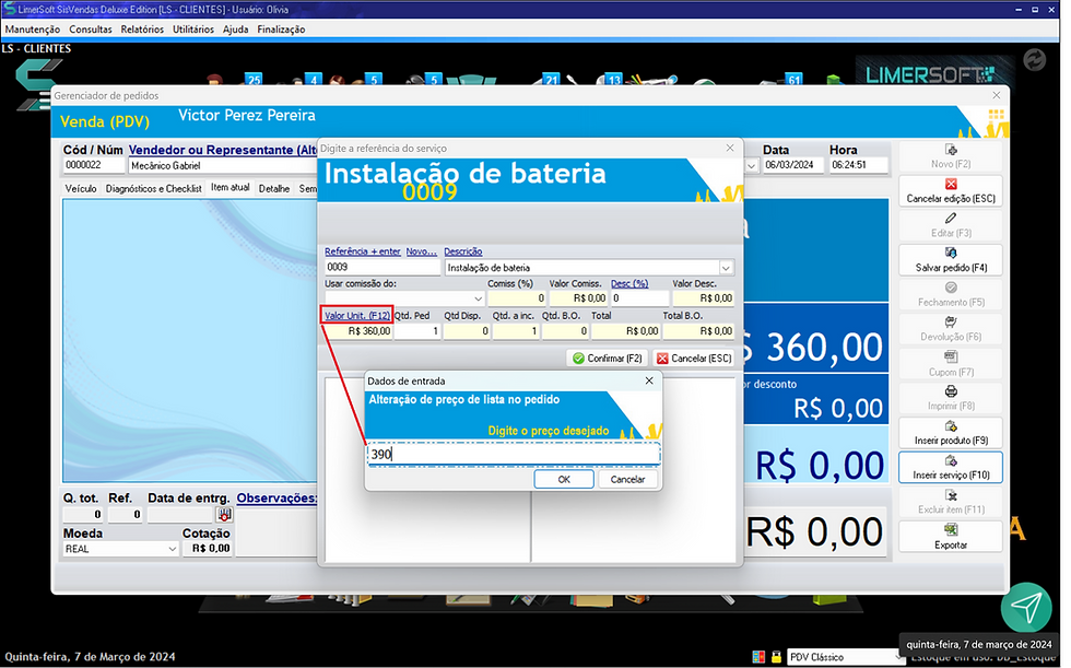 Alterar o valor unitário do serviço
