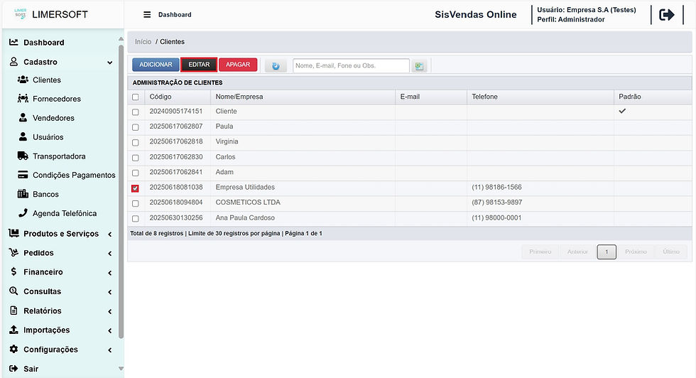 Editar ou apagar um cliente