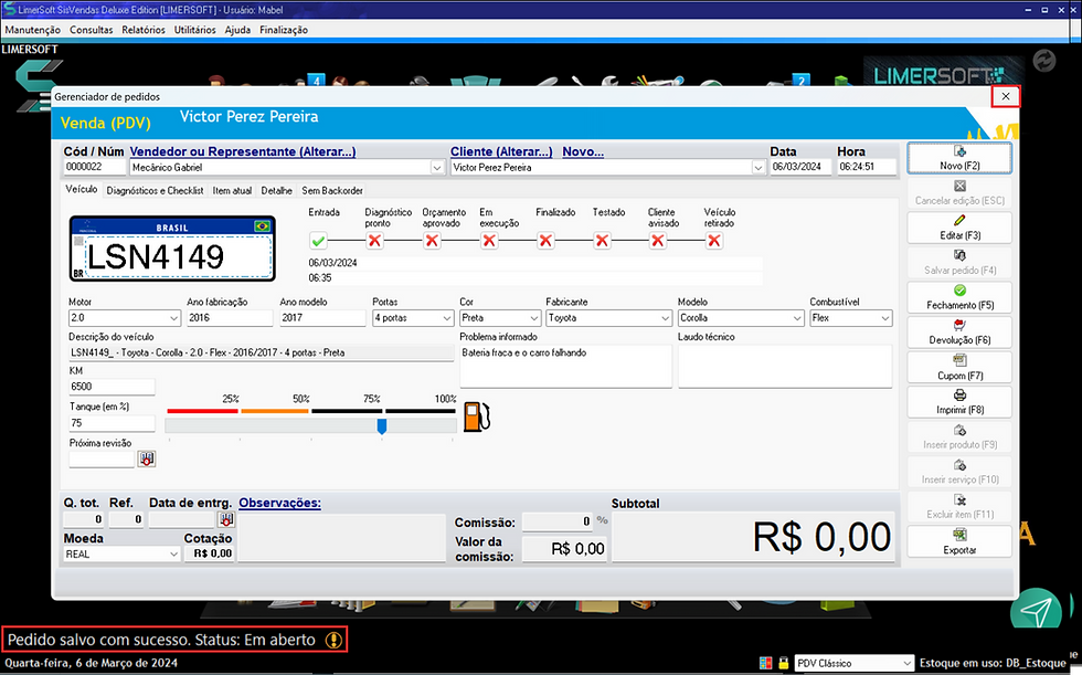 Pedido com status em aberto