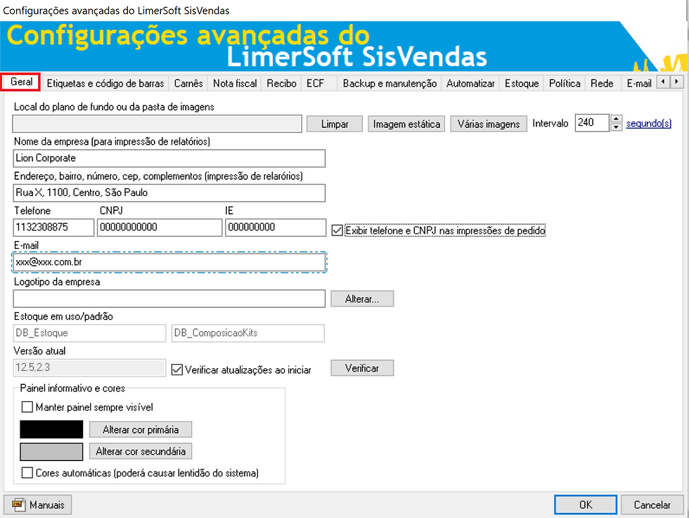 Aba Geral das configurações
