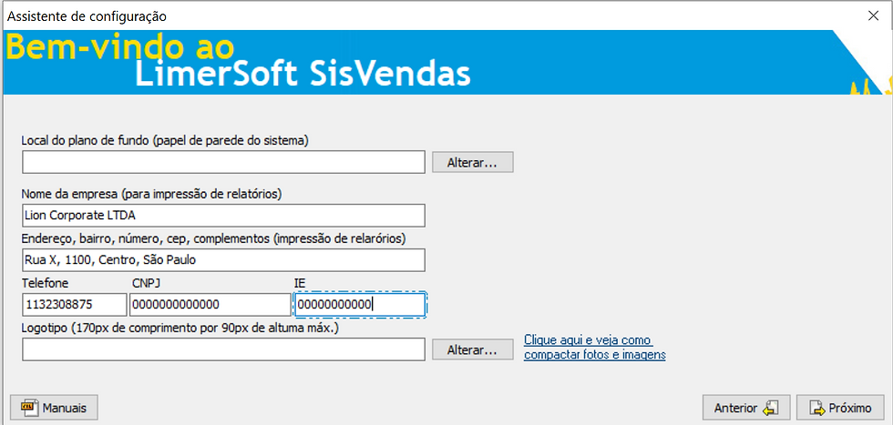 Preencha os dados da empresa no assistente de configuração