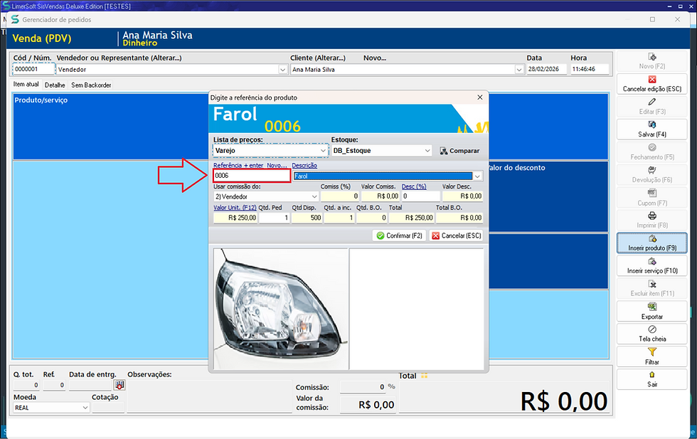 Inserir o produto por código ou referência