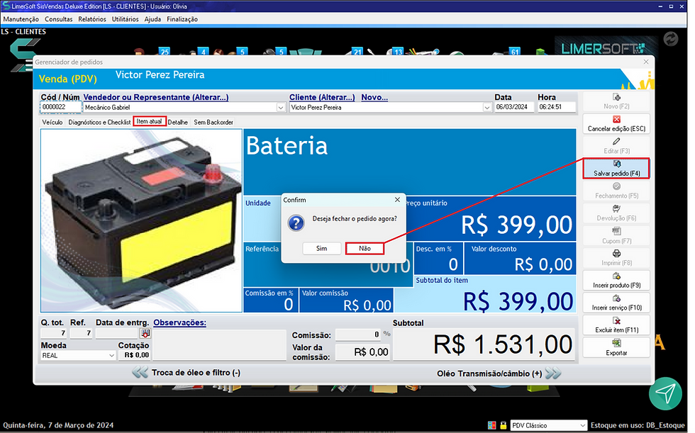 Aba item > salvar pedido