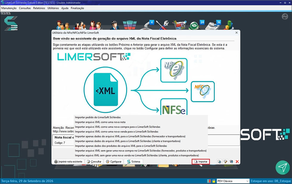 Opções de importação do arquivo XML da NFe