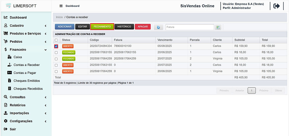 Selecionando uma fatura com status em aberto para fechamento