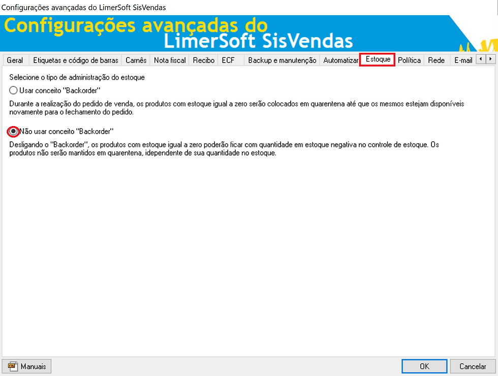 Aba Estoque nas configurações